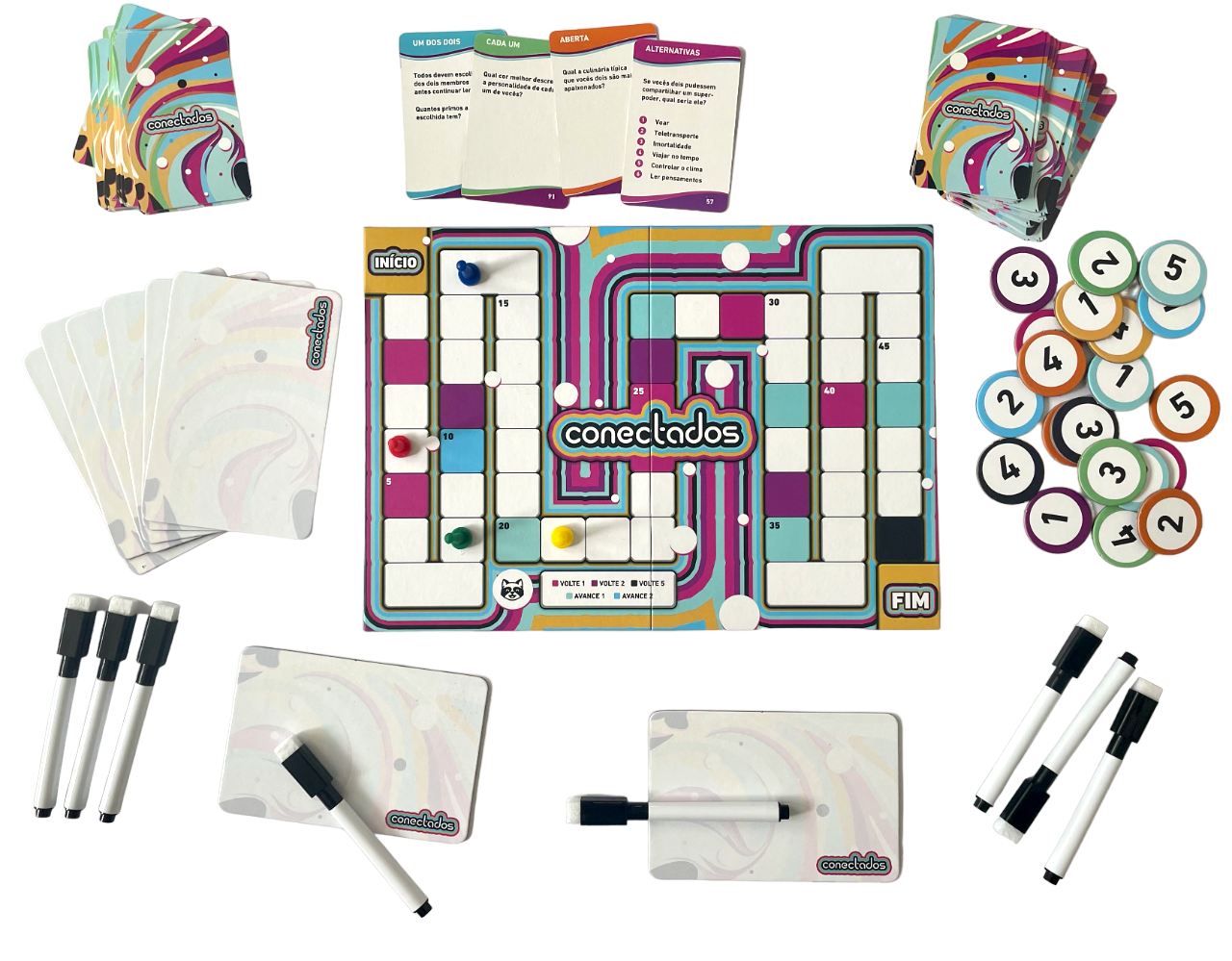 Todos os componentes que acompanham o jogo Conectados